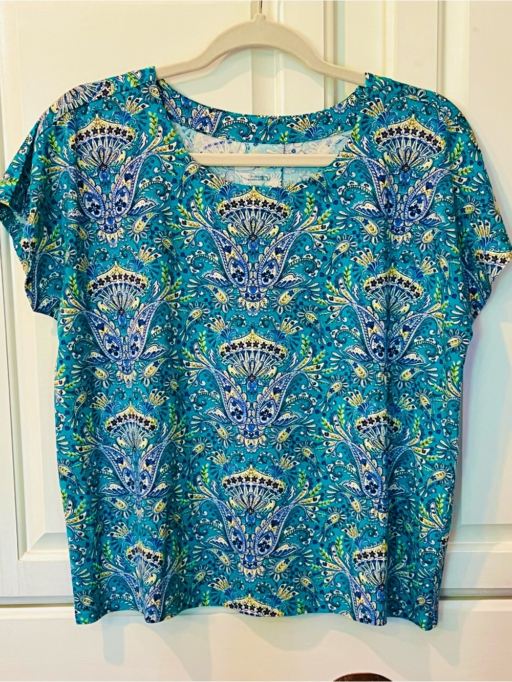 J. Jill turquoise blue Paisley Cap Sleeve Tee NEW luxe supima scoop neck